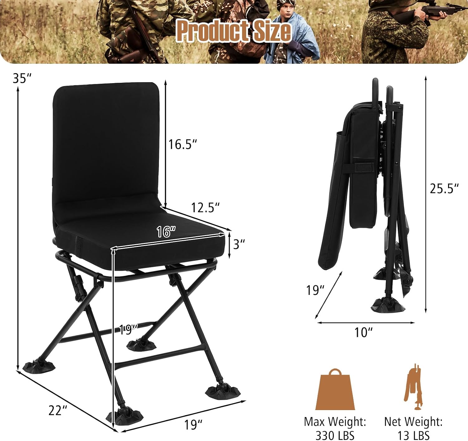 Goplus Hunting Chair, 360° Swivel Hunting Blind Chair w/All-Terrain Duck Feet,Padded Cushion,330LBS Capacity, Folding Silent Deer Hunting Chair, Portable Ground Blind Chair