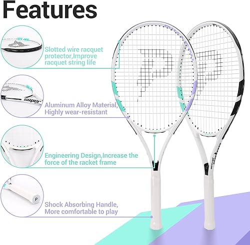Miniatura 5 de Juego de raquetas de tenis de 27 pulgadas para adultos, juego de raquetas de tenis recreativas para 2 jugadores con 2 overgrips y 1 bolsa de tenis.