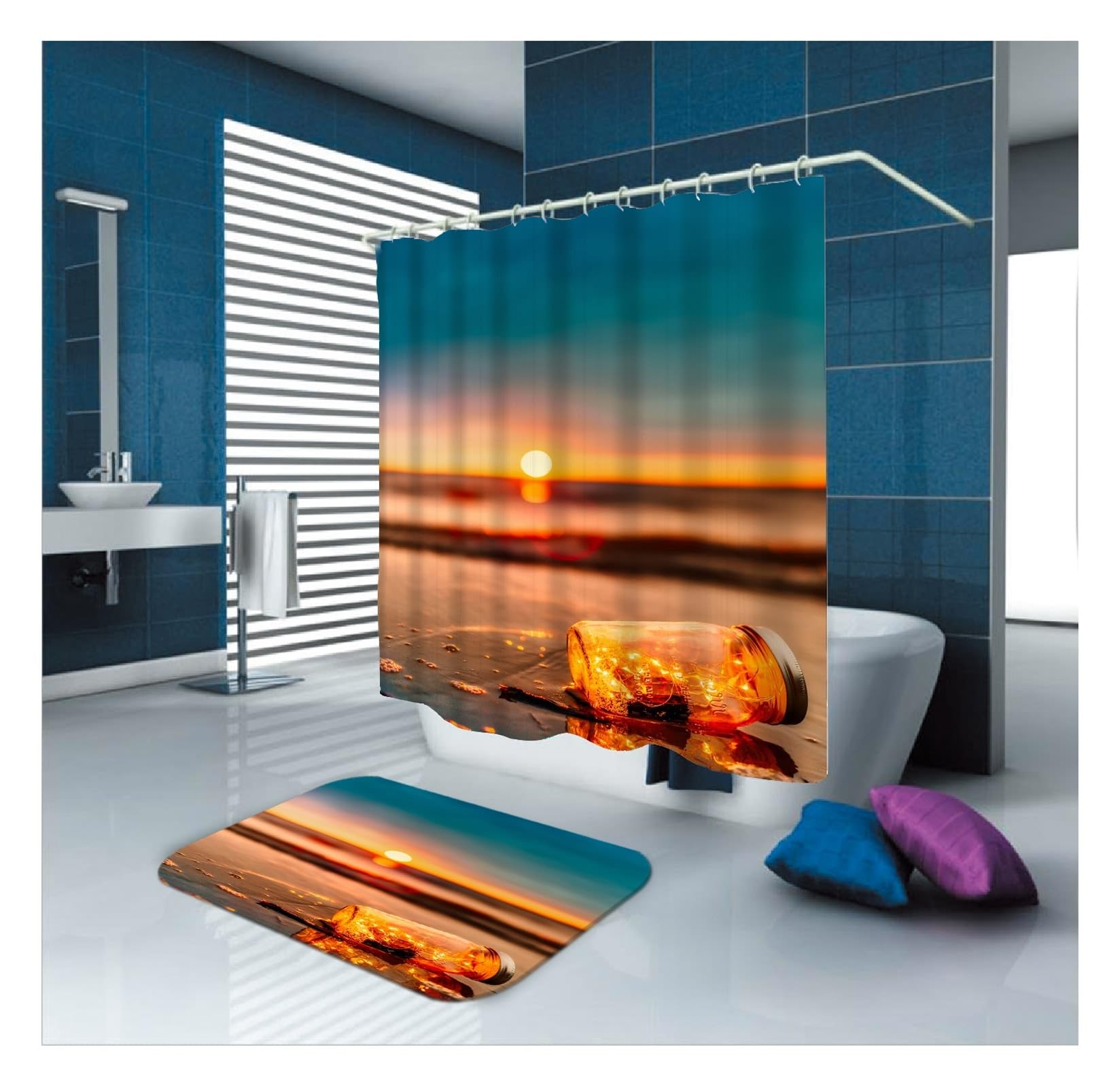 Rideau de douche lavable en textile motif bouteille multicolore 1,2x1,8m