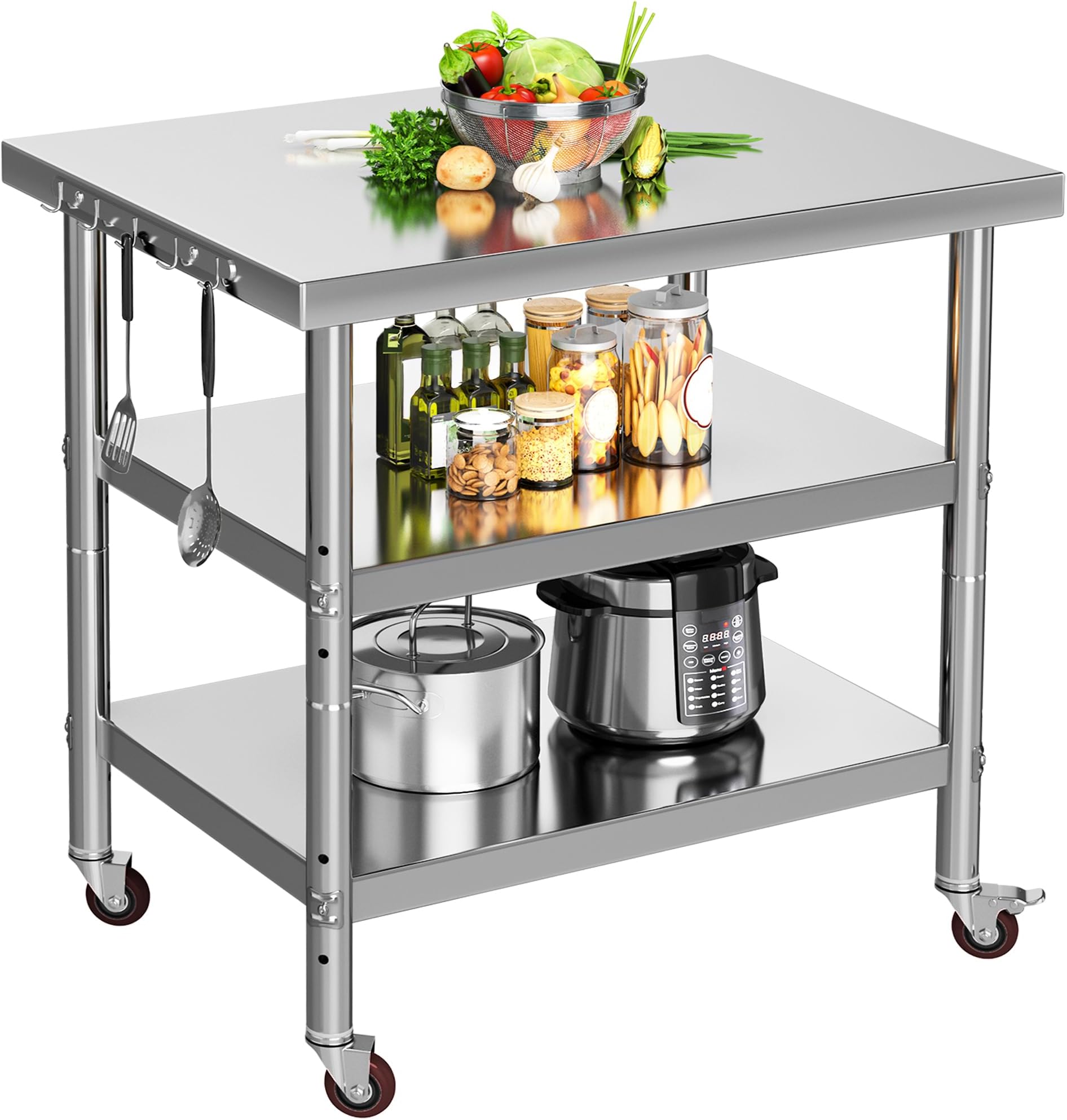 YITAHOME NSF Stainless Steel Table, 30" X 24" Work Table with Wheels, 3 Shelves Metal Table Prep Table for Home Kitchen Restaurant Garage Warehouse Outdoor