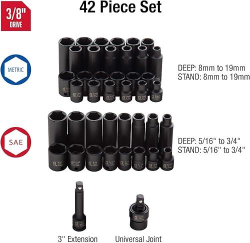 Miniatura 3 de Sunex 3342 - Juego de llaves de vaso de impacto maestro de 42 piezas de 3/8 pulgadas + juego de extensión de impacto de 4 piezas 3504
