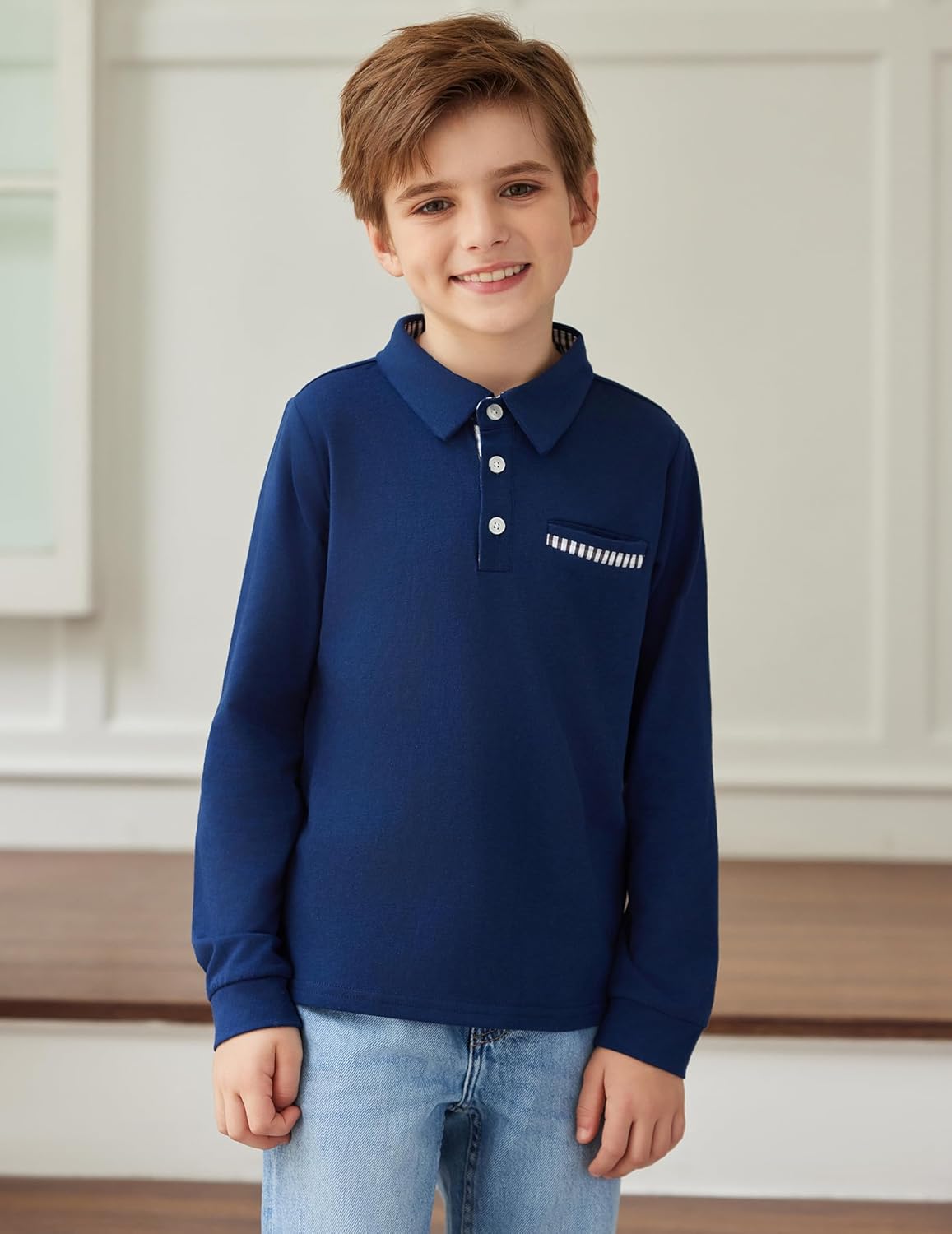 Arshiner Boy's Long Sleeve Plaid Trim Polo Shirt School Uniform Shirt with Pocket for 4-12 Years - Image 2