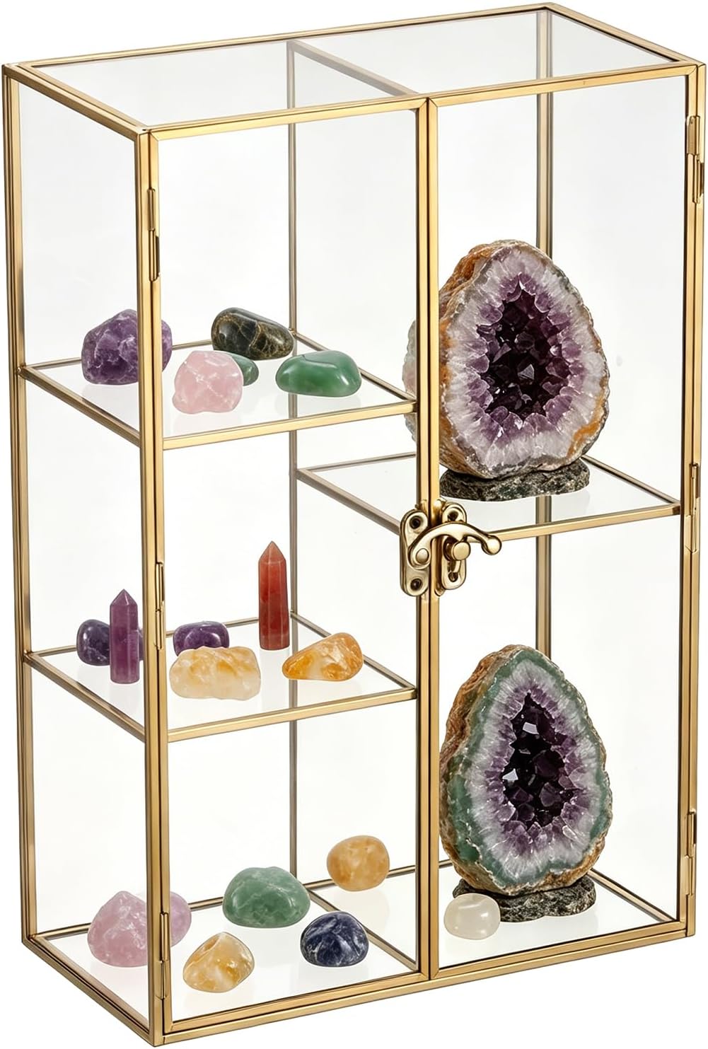 JUXYES 5 Grids Modern Tabletop Brass Glass Rock Display Case with Latch Door