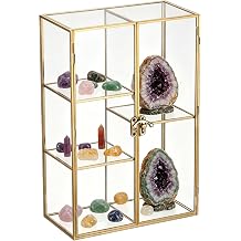 JUXYES 5 Grids Modern Tabletop Brass Glass Rock Display Case with Latch Door