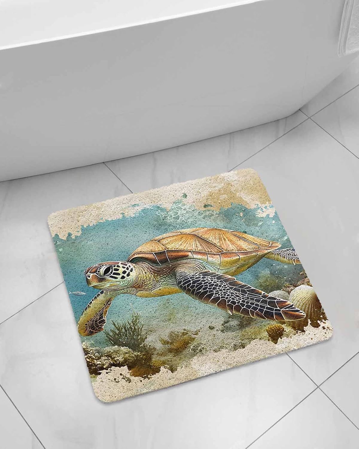 Blue Ocean Non-Slip Bathtub Mat, Seas The Day Floral Jellyfish Starfish PVC Bath Mat for Tub Quick Drying Shower Mats for Inside Shower, Foot Scrubber Loofah Bathroom Mats 24x16 Inches