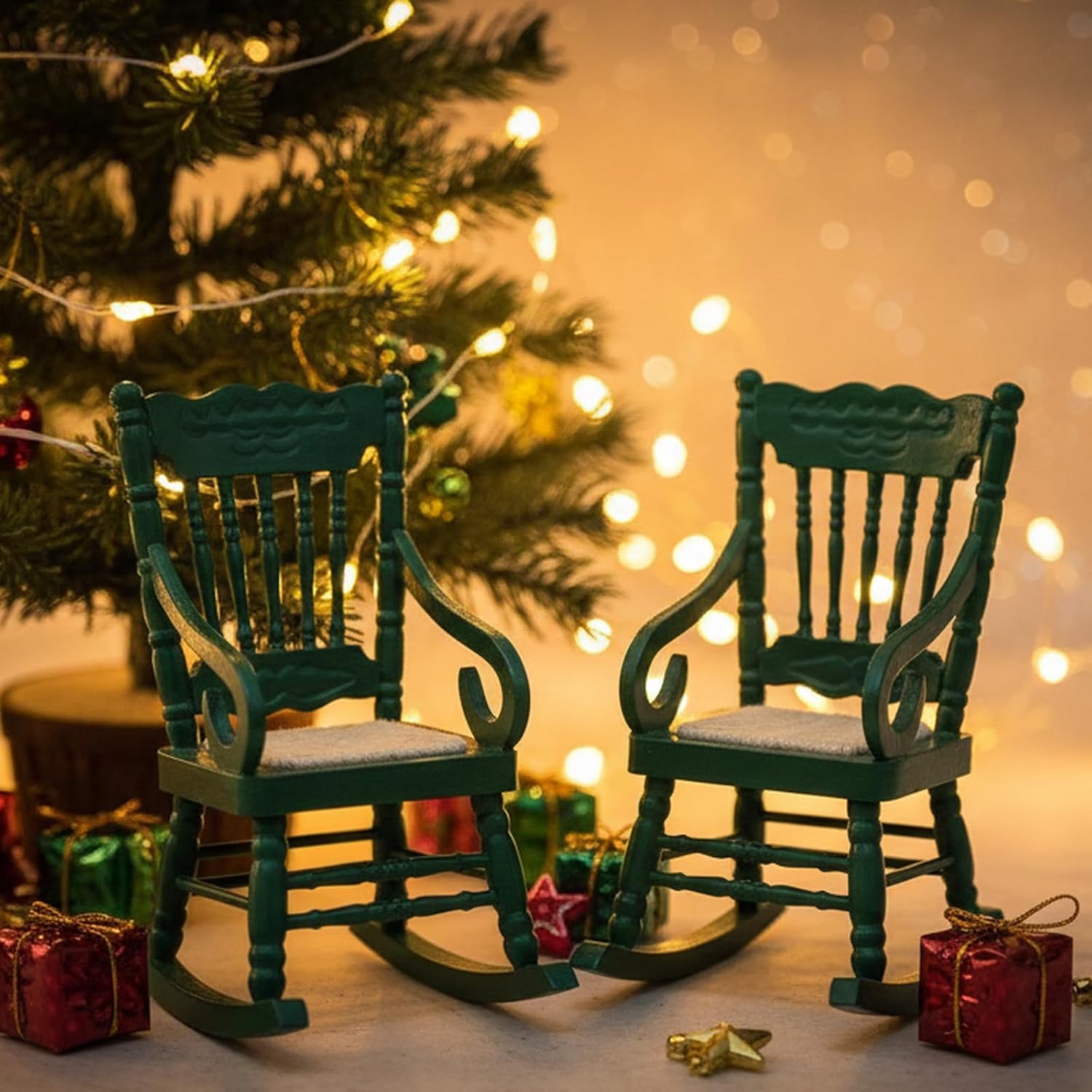 Dollhouse Chairs 2PCS Miniature Rocking Chair 1:12 Scale Wooden FurnitureAccessories Tiny Mini House Home Outdoor Decoration ModelLiving Room Scene Christmas Craft Displays (Green)