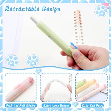 Benvo Retractable Cat Paw Erasers 4 Pcs with Refillable Rubbers Slim Erasers for Precise Erasing, Cute Eraser for Students, Artists, Office Use