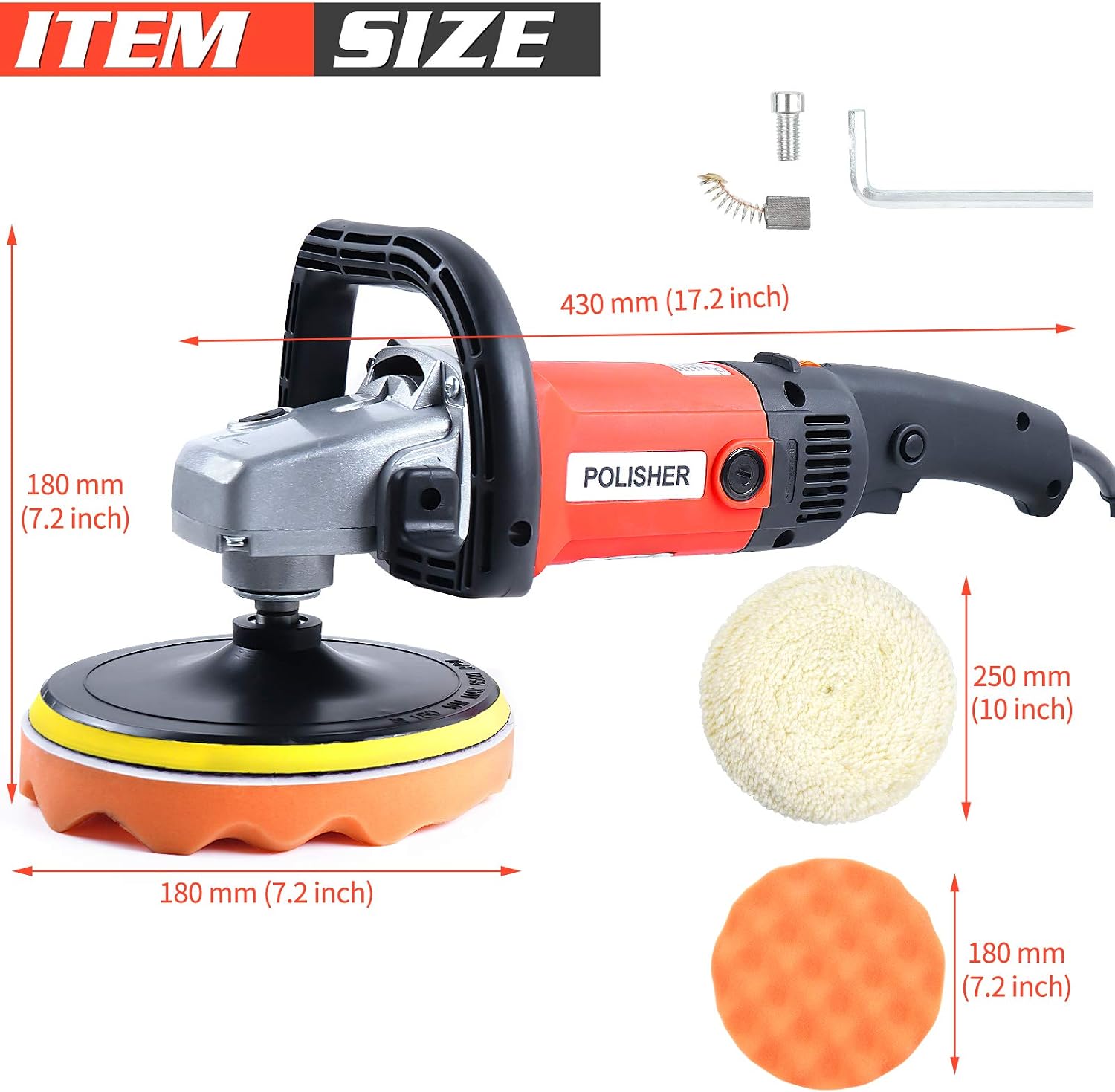 OTUAYAUTO 7 Inch Professional Variable Speed Polisher High Performance with a 5 Pad Buffing and Polishing Kit - Includes 6" Waffle Foam & 7" Wool Grip Pads for Auto Detail