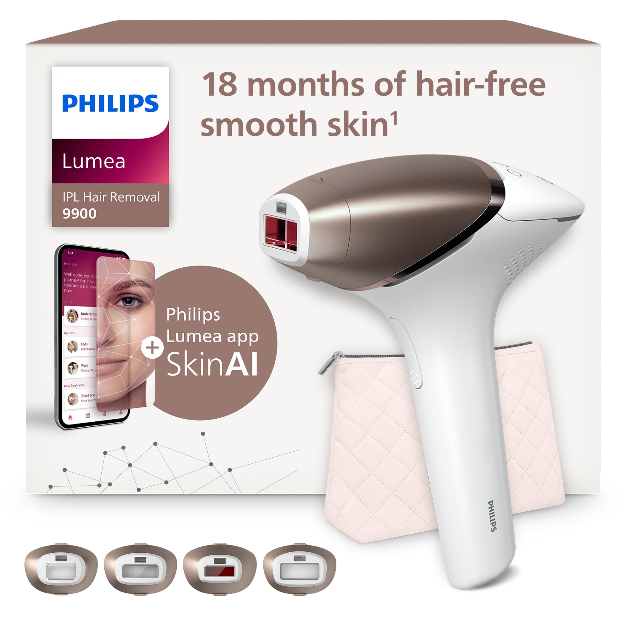 Philips Lumea 9900 Series, IPL Hair Removal Device, Laser Hair Removal Alternative, SenseIQ and SkinAI Technology, 4 Attachments for Body, Face, Bikini and Underarms, Corded & Cordless Use, BRI951/01
