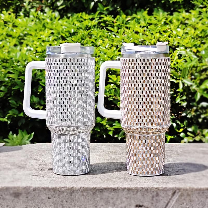 40 Oz Rhinestone Stainless Steel Tumbler With Handle & Straw Vacuum Insulated Bling Cup Made Premium Rhinestones, Metal Travel Coffee Mug, Bling Reusable Water Bottle -Gold