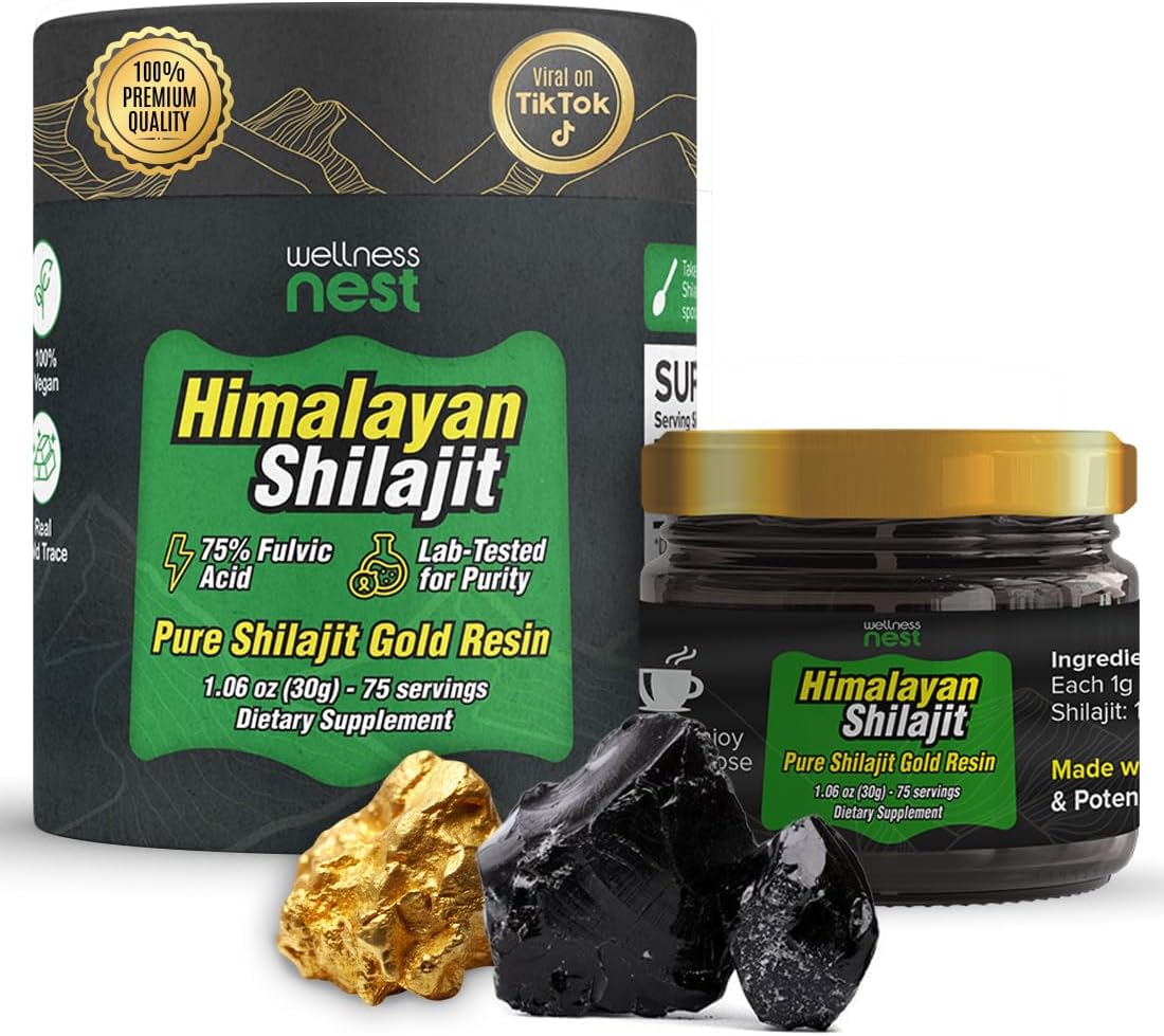 - Wellness Nest Gold Grade Pure Himalayan Shilajit Resin: Ultimate Potency for Men & Women - 24k Gold, 75%+ Fulvic Acid, Lab Test Report Included - 30g (1 Pack), 75 Servings