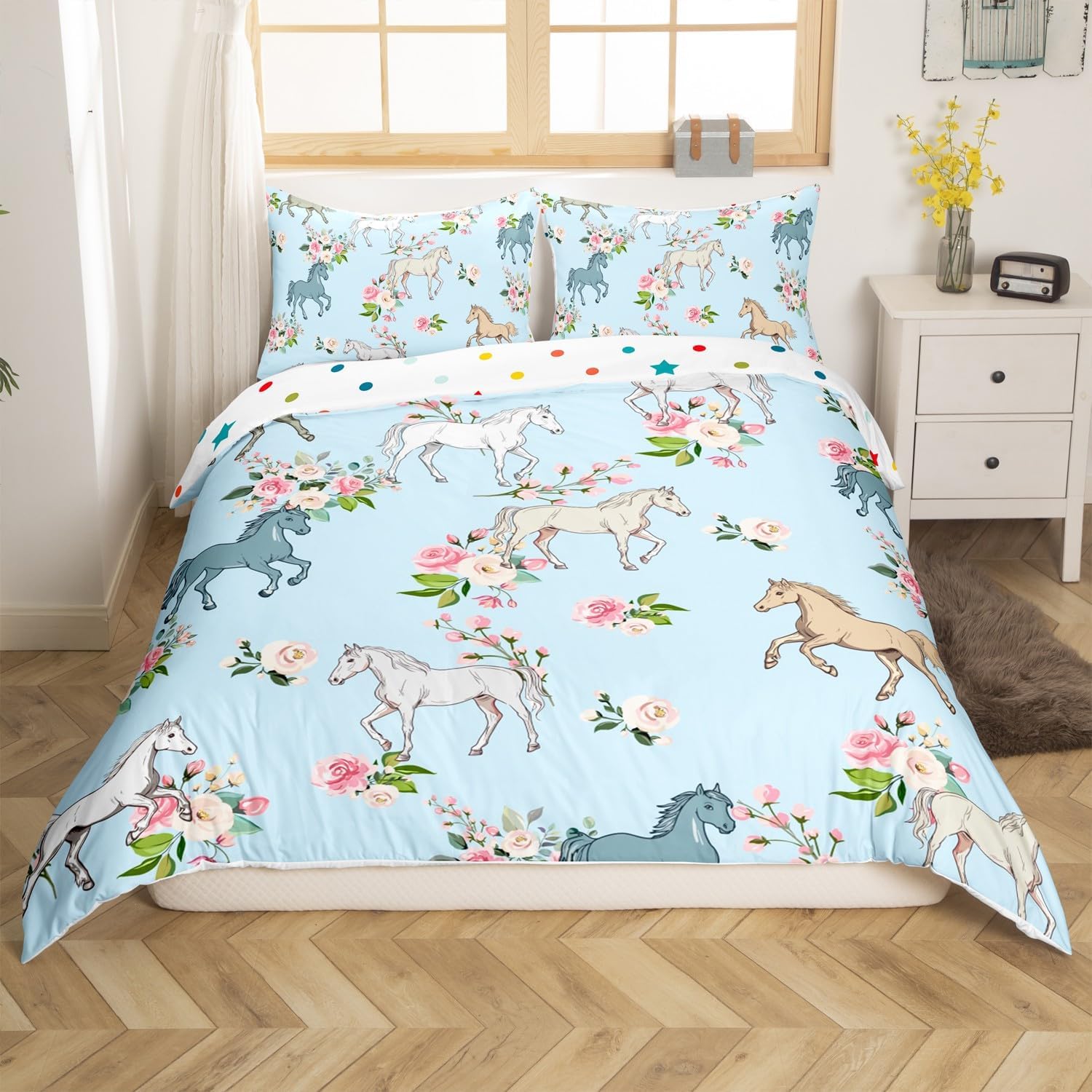 Horse Duvet Cover Twin Size, Farmhouse Western Cowboy Cowgirls Bed Sets for Kids Boys Girls Teens, Cartoon Kawaii Horse Comforter Cover Bedroom Decor, Rustic Rose Floral Bedding Set + 1 Pillow Case
