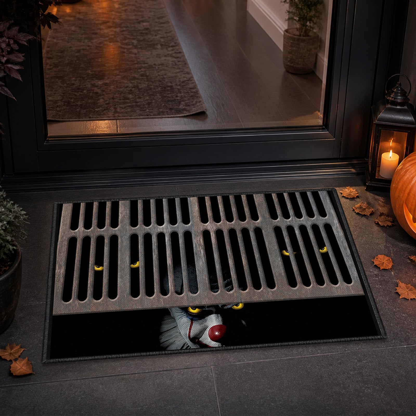 Halloween Door Mat Halloween Decorations Outdoor with Creepy Clown 40×60cm Scary Realistic 3d Horror Print Rug Door Decorations Clown Peeking From A Rustic Sewer Grate Print for Themed Celebrations
