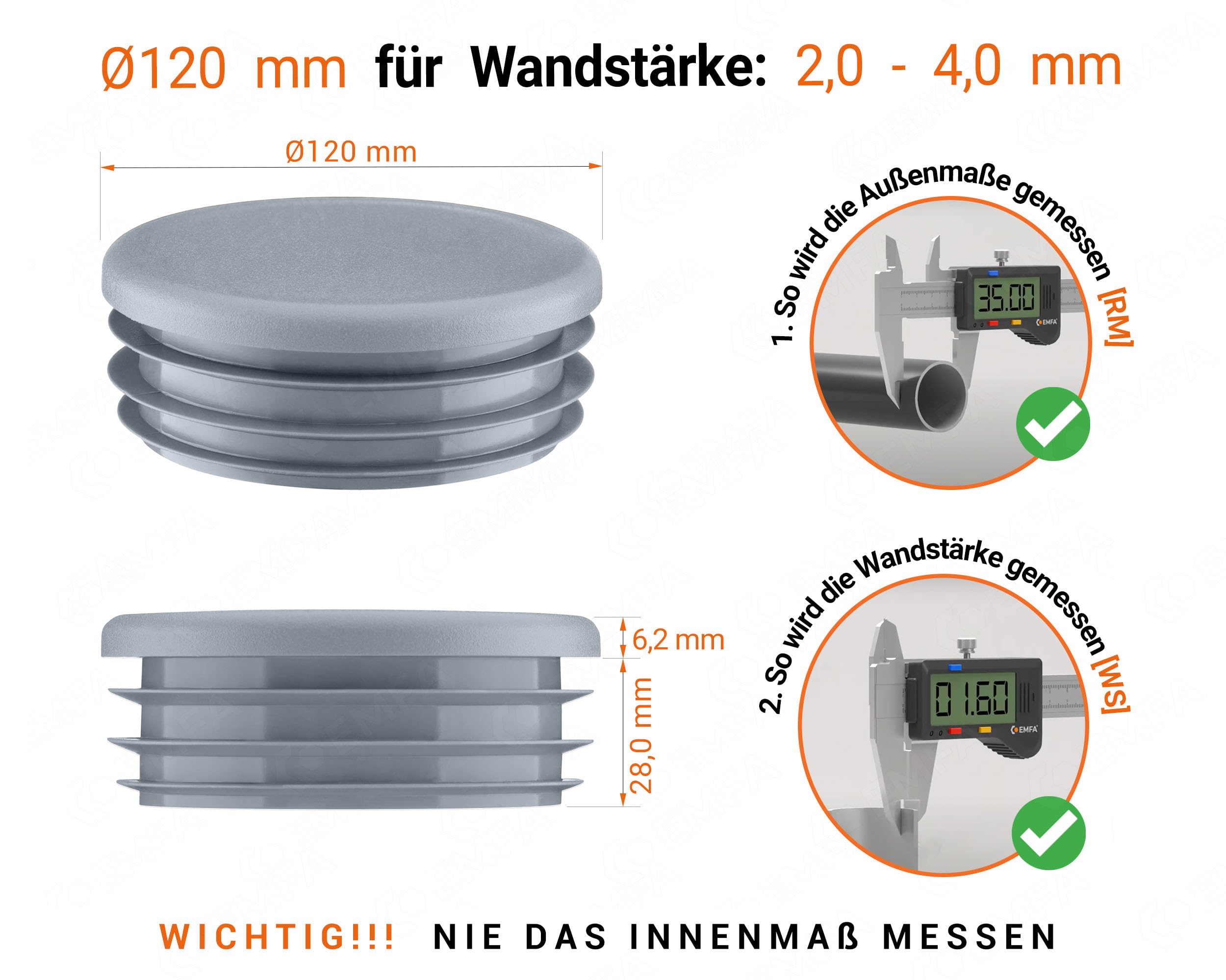 EMFA Tapón para Tubo Redondo Acanalado 120 mm Gris, 50 Unidades | Tapa para Tubo, Capuchón para Tubo, Plástico PE, Protección contra el Polvo
