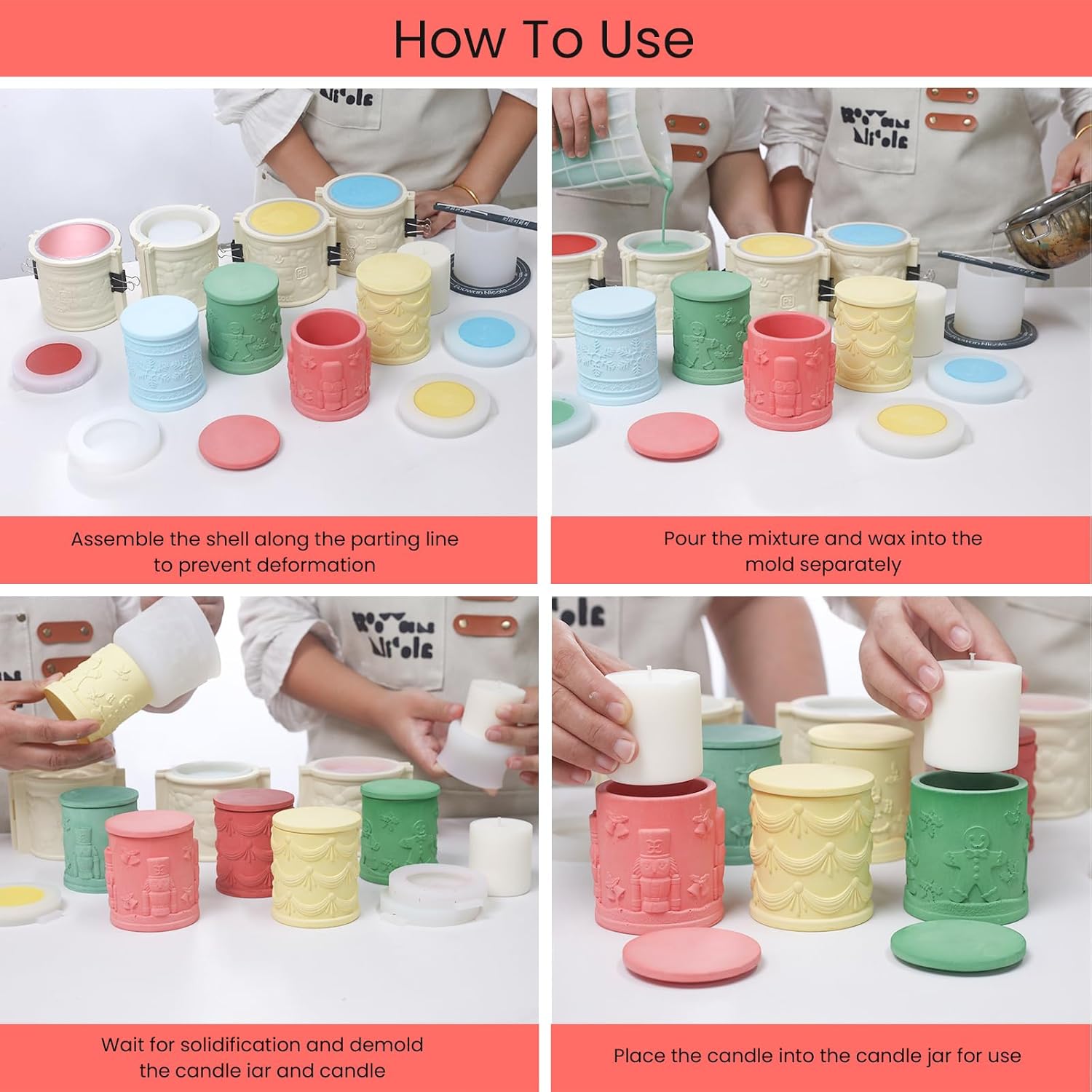 BOOWAN NICOLE Large Joyful Tales Christmas Candle Vessels with Lid Silicone Molds & Candle Refill Molds, Jar Silicone Moulds for Jesmonite Concrete Cement Gifts