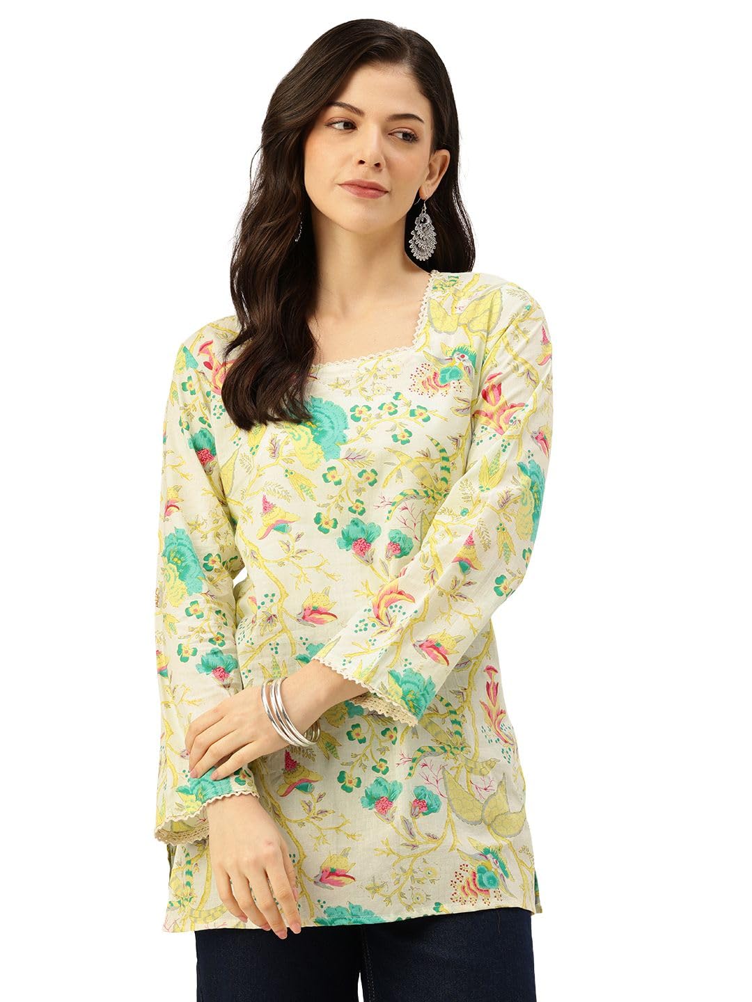 feranoid Women’s Printed Short Kurti with Square Neck, Lace Detail & Bell Sleeves (S–XXL)-picture-13
