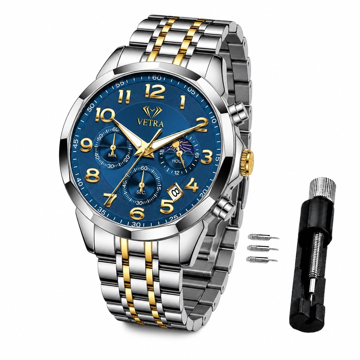 Vetra Watches for Men Skeleton Business Dress Stainless Steel Waterproof Luminous Multifunction Chronograph Mens Wrist Watches