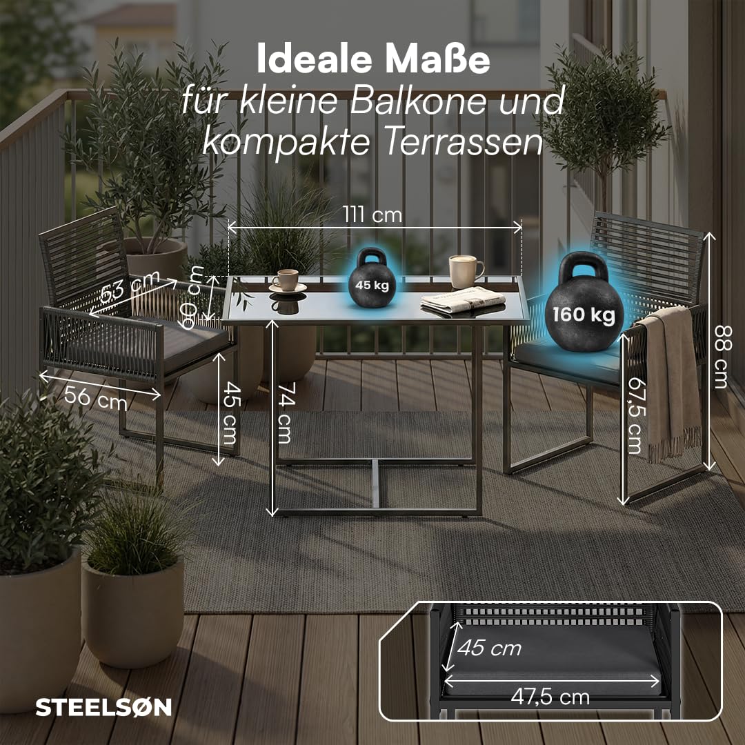 STEELSØN Kynaris Essgruppe 3-teilig schwarz – Balkonset mit 2 Stühlen und Tisch – Gartengarnitur wetterfest – Rattan Sitzgruppe mit klappbaren Stühlen – Terrassenmöbel Set mit Glasplatte & Sitzkissen