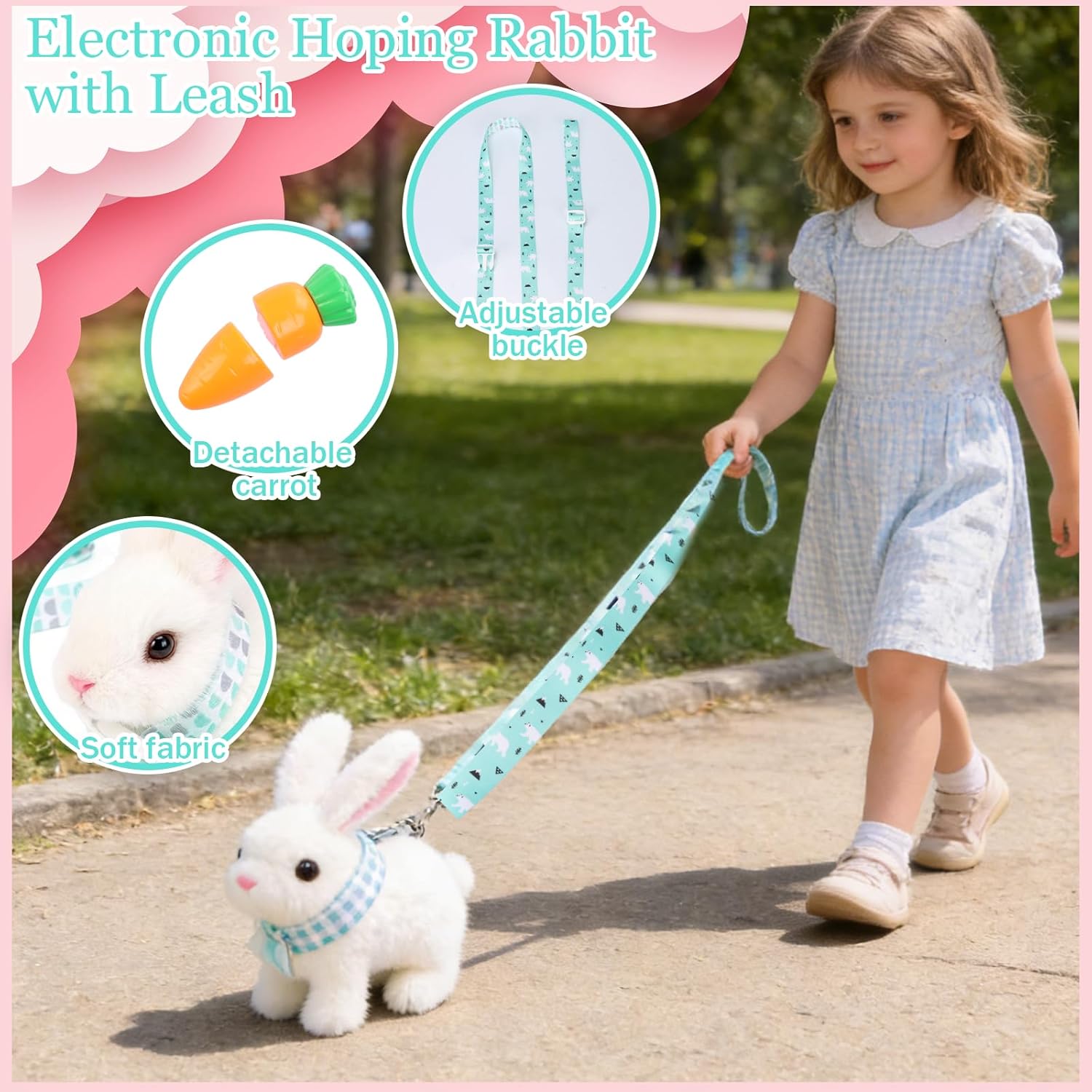 Easter Bunny Toy,Bunny My Realistic Bunny Toy,Hopping Rabbit Plush Bunny Toy,with Sounds and Movements Animated Walking Wiggle Ears Twitch Nose Gift for Toddlers Birthday(White Rabbit + Leash)