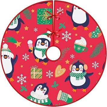 Morbuy Christmas Tree Skirt, 60/80/120cm Soft Large Round Christmas Rug, Red Tree Skirt Indoor Outdoor Christmas Decorations,New Year Home Holiday Party Decor Fits Any Size Tree 80cm,Penguin