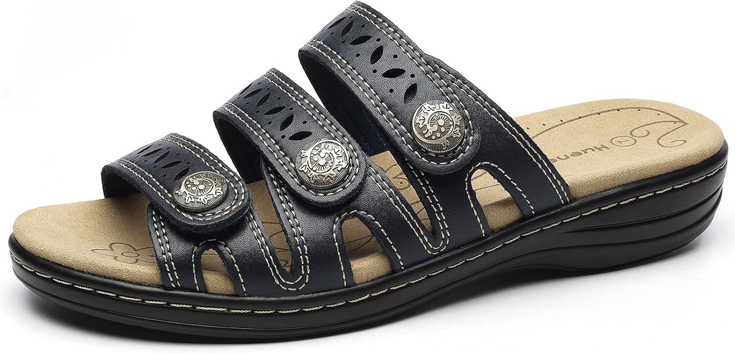 Women's Comfort Leather Slides Lightweight Flat Sandals Cute Slip On Casual Walking Slippers