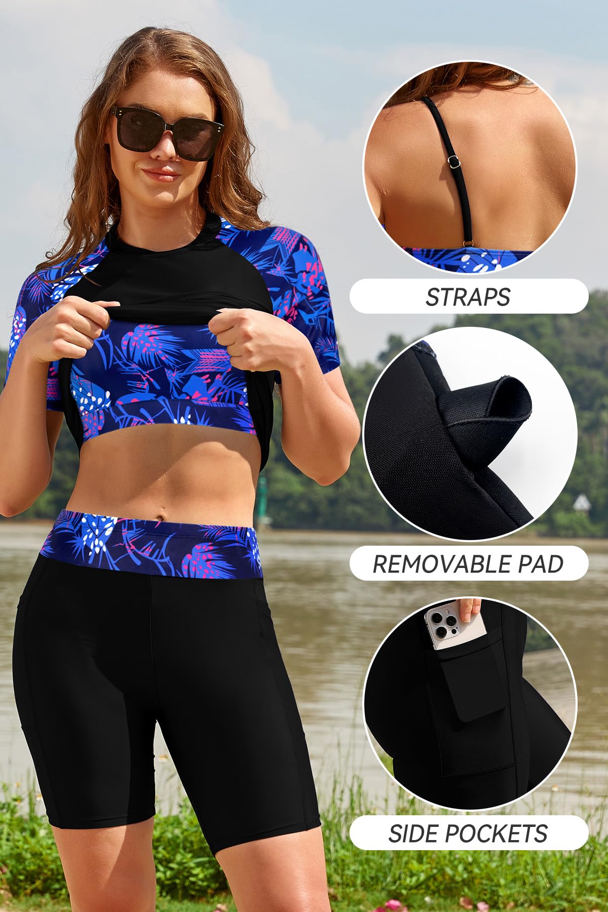 SHEKINI Maillot de bain 3 pièces pour femme UPF50+ UV à manches courtes, soutien-gorge de sport, haut de bikini avec bas boyshort, maillots de bain modestes