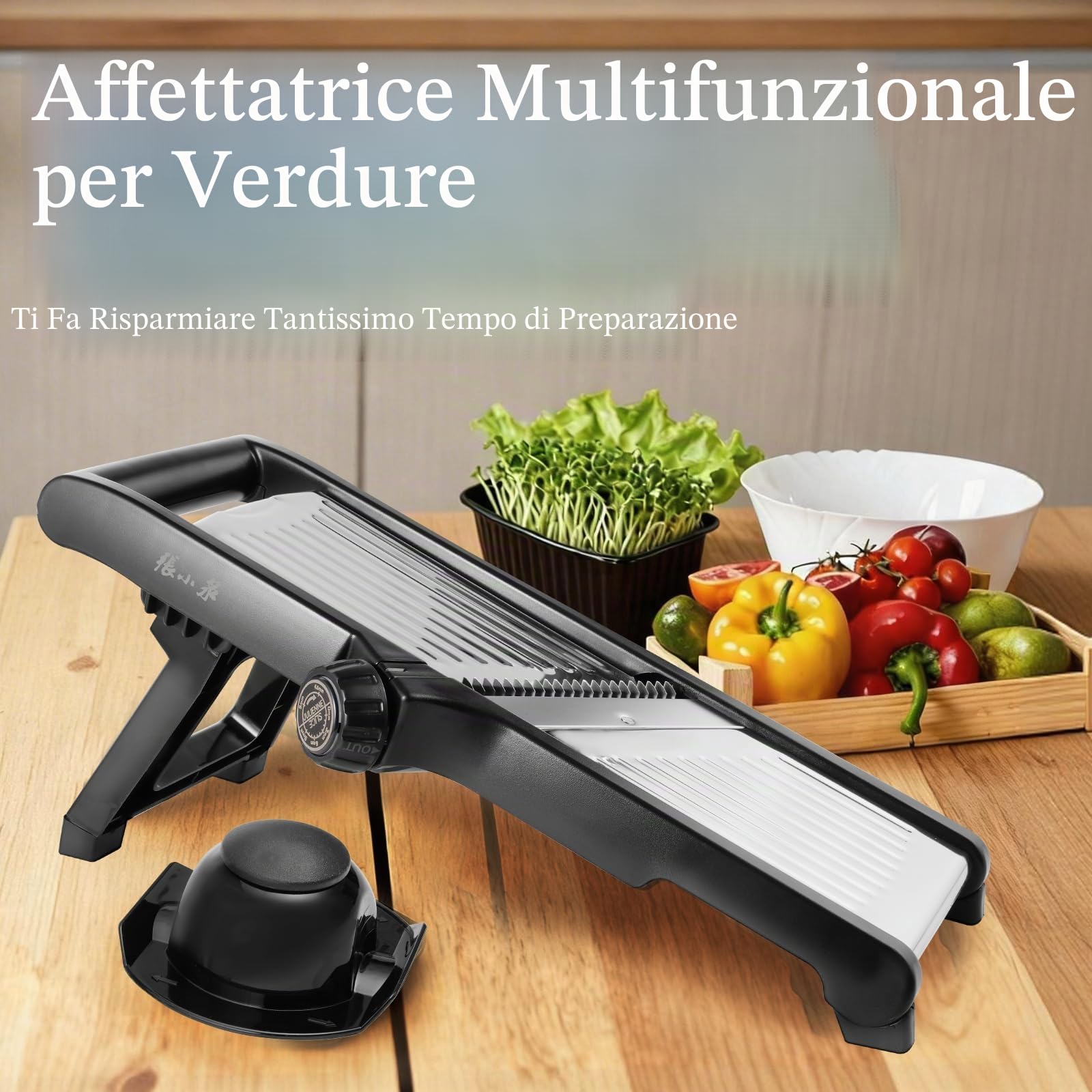Mandolina per Verdure 5 in 1 Regolabile Manuale, Lame in Acciao Inox, Protezione per le Mani, Affettatrice Julienne per Patate Carote Cipolle