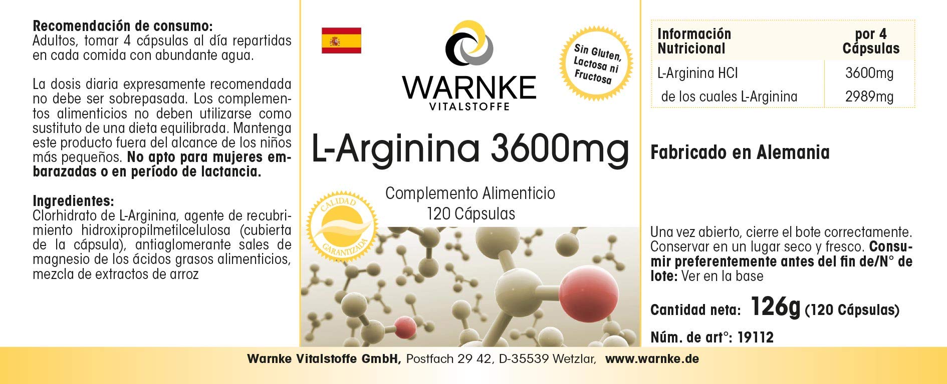 L-Arginine 3600 mg - 120 gélules - vegan | Warnke Vitalstoffe - Qualité des pharmacies allemandes