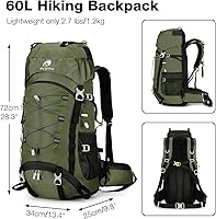 Vista 2 de Mochila de senderismo impermeable de 60L con cubierta de lluvia para hombres y mujeres, mochila de camping grande, verde Verde oscuro