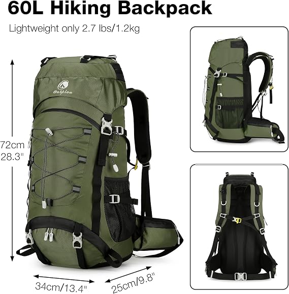 60L Hiking Backpack Waterproof for Men Women, Large Camping Rucksack with Rain Cover, Mesh Back Hiking Backpack for Travel Trekking Backpacking, Green