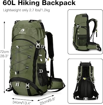60L Hiking Backpack Waterproof for Men Women, Large Camping Rucksack with Rain Cover, Mesh Back Hiking Backpack for Travel Trekking Backpacking, Green