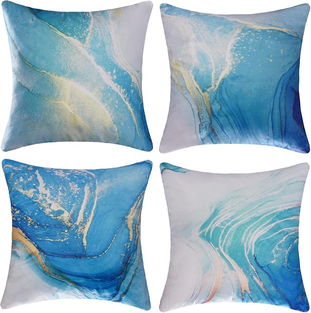 XIEJINJIA Marble Texture Turquoise Soft Velvet Cushion Covers Luxury Abstract Fluid Art Home Decor Square Throw Pillow Covers Pillowcase Living Room Bedroom Couch Sofa Car 18 x 18 Inch Set of 4