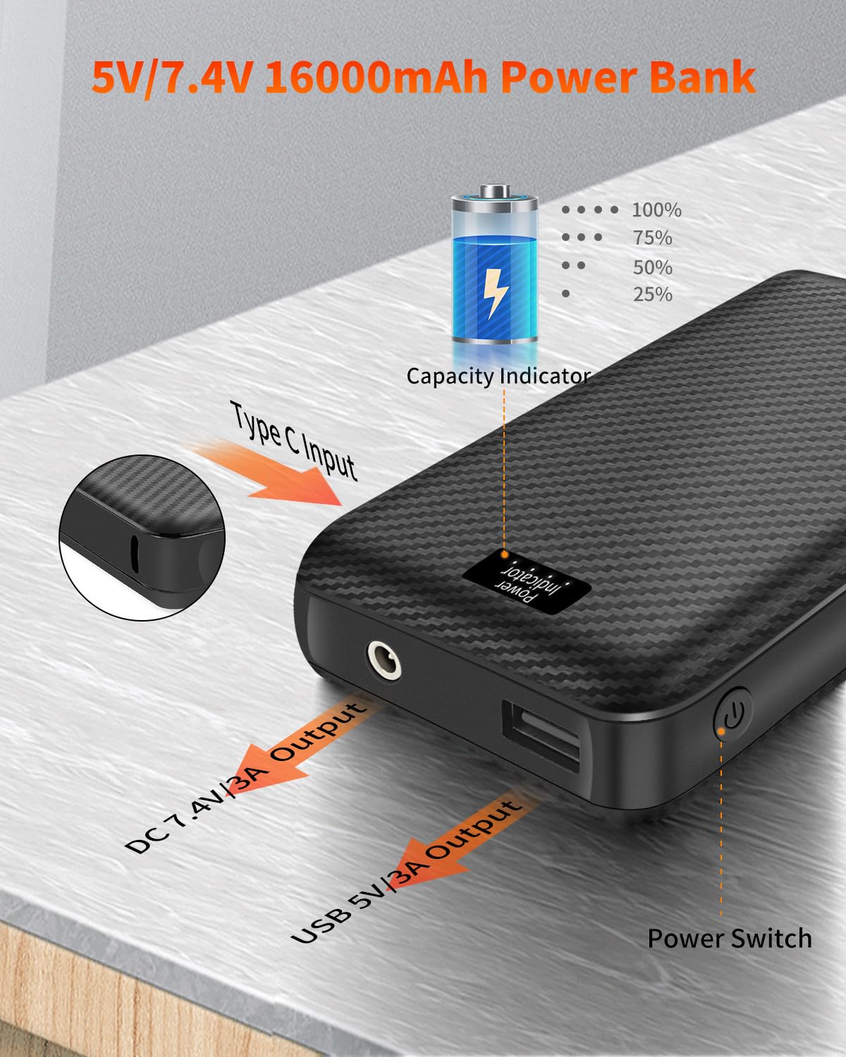 FERNIDA 16000mAh Power Bank 7.4V DC & 5V USB Powerbank für Heizweste Hose