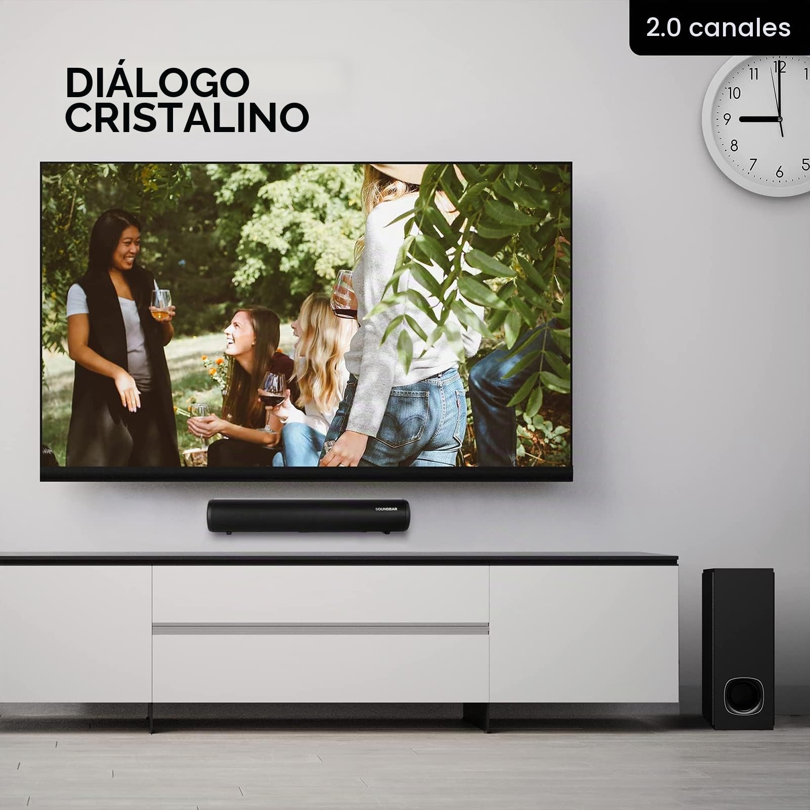 Barra de sonido con soporte para subwoofer inalámbrico, con entrada óptica + puertos AUX + USB + HDMI + RCA y kit de montaje en pared， tres modos de ecualizador apto para uso en ordenador/televisión.