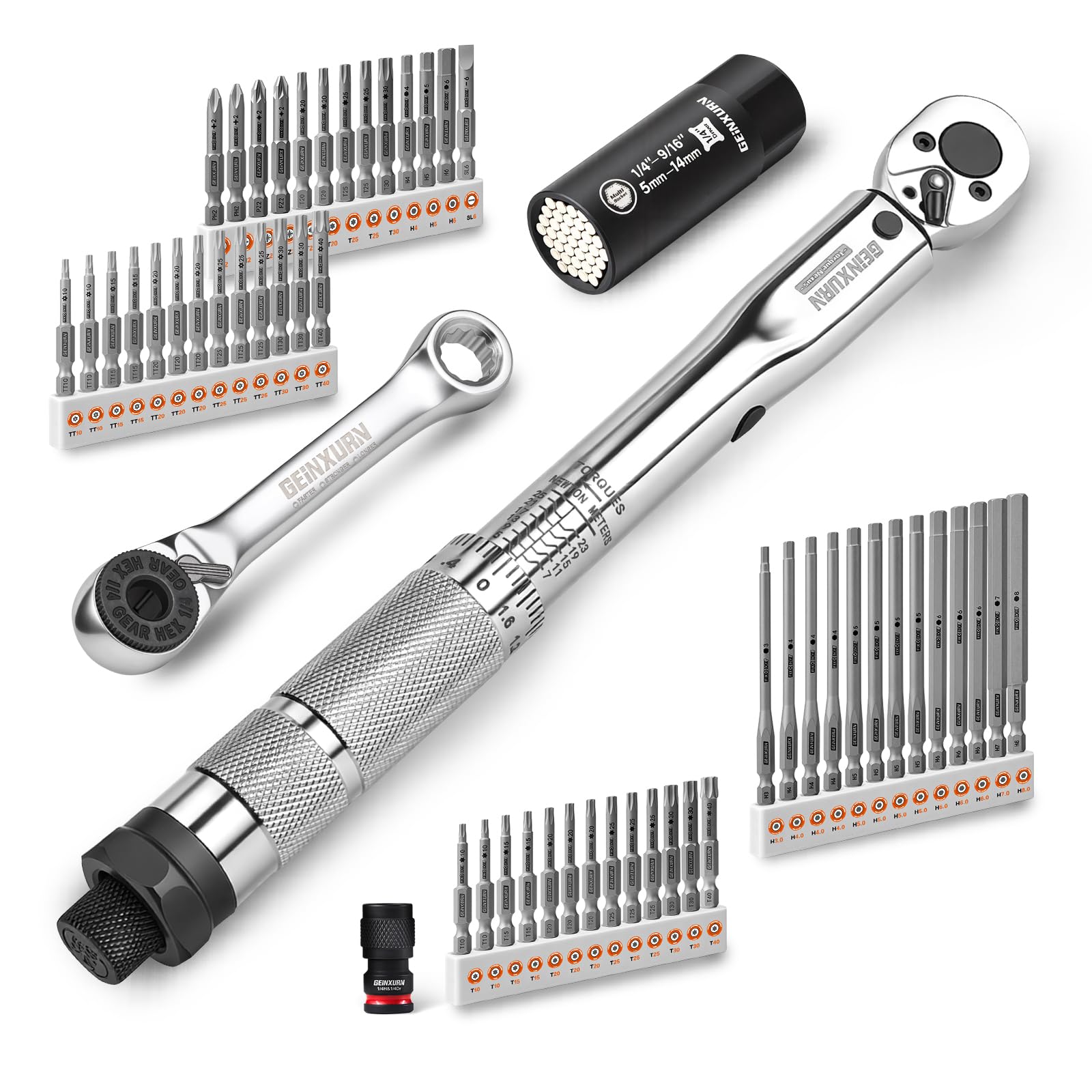 GEINXURN 56Pcs 1/4” Drive Click Torque Wrench Set, 5-25Nm Dual-Direction Adjustable Ratchet Wrench Bike Maintenance Kit, with Universal Socket, Screwdriver Bits for Bicycle, Car, Moto