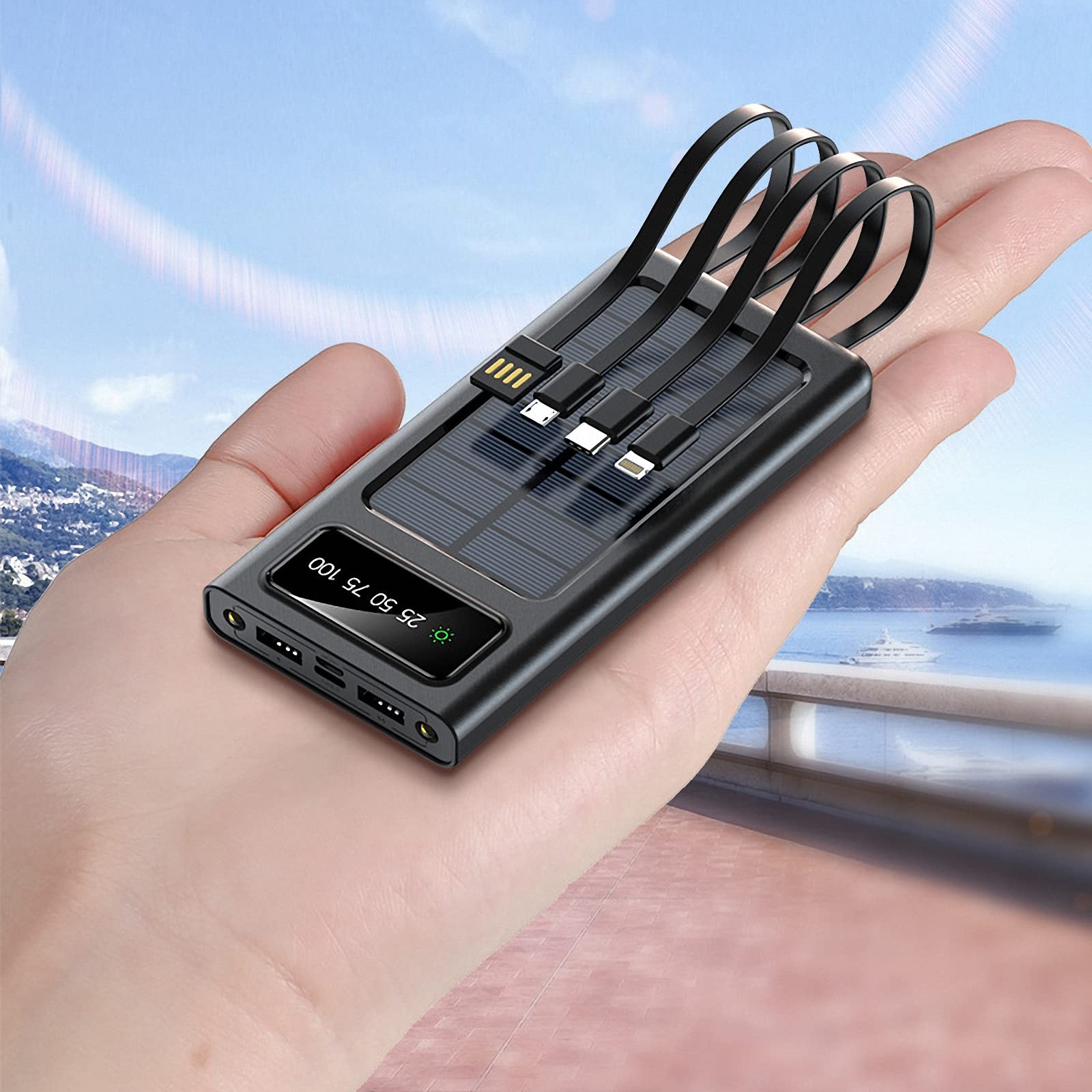 Powerbank solarny 2000 mAh, zewnętrzna bateria zapasowa o dużej pojemności ze światłami LED, w zestawie z kablem do ładowania, prezenty dla przyjaciół i krewnych, kompatybilna ze smartfonami, czarny, 20000 mAh