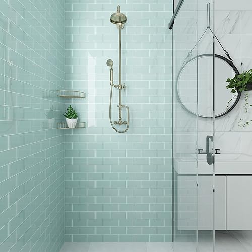 Vista 154 de Lovdeco Azulejo de cristal de metro, 3 x 6 pulgadas, 4 pies cuadrados, vidrio verde azulado oscuro para pared de baño y cocina, paquete de 32