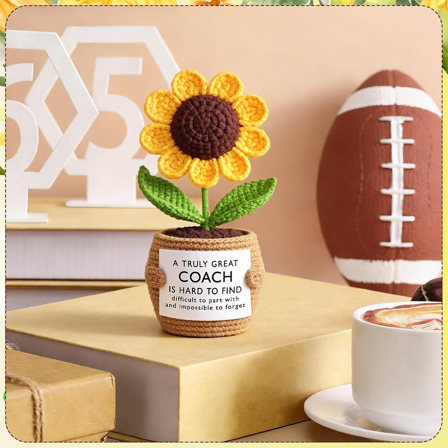 Wavwavw 1 Piece Coach Appreciation Gift, Handmade Crochet Sunflower Doll Crochet with Card Sunflower Gifts for Hockey Football Volleyball Baseball Soccer Sports Cheer Coach (Truly Great)