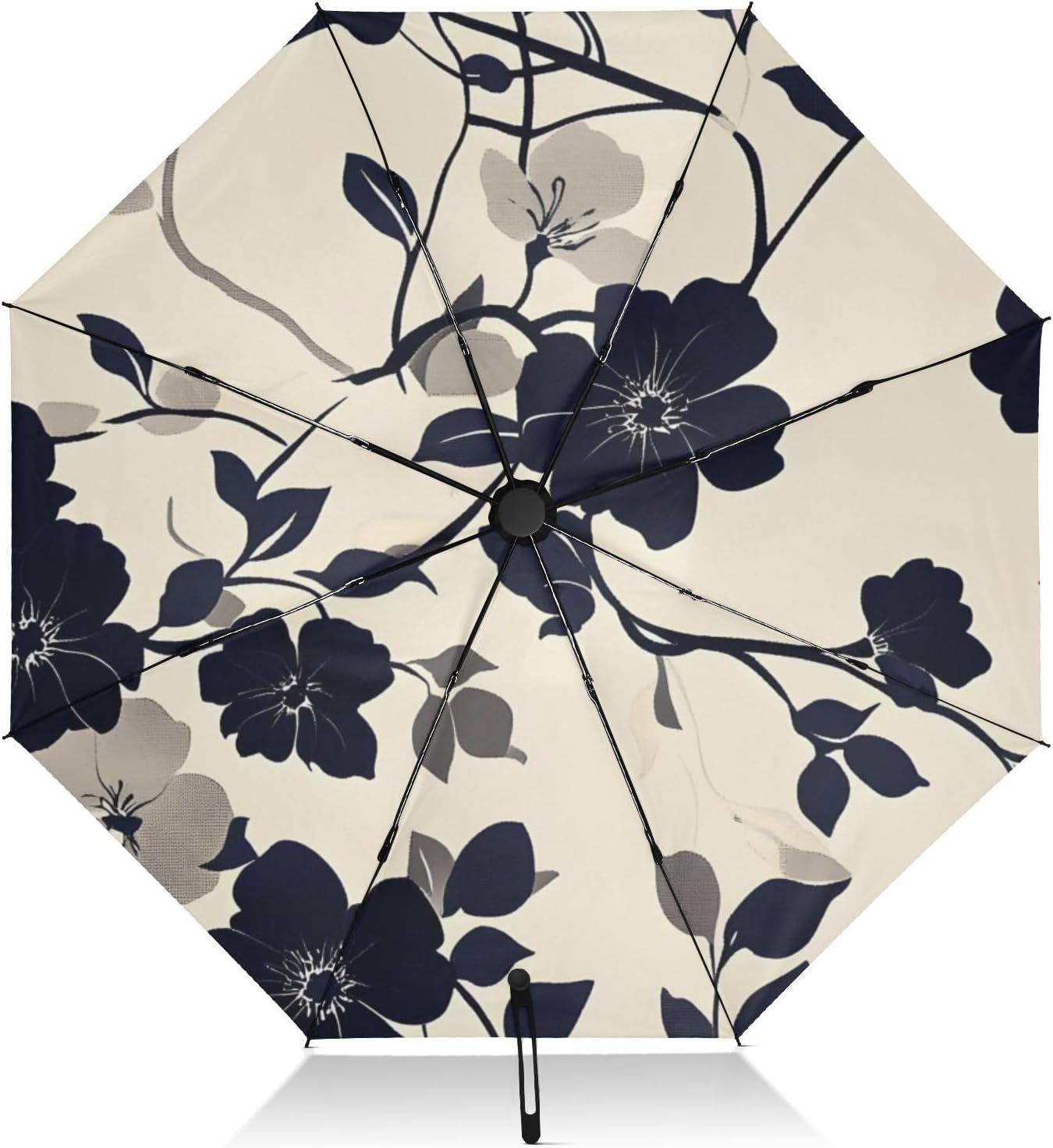 UPF 50+ Large Travel Umbrella Flower Art Black Compact for Rain and Sun - One-Click Automatic Open and Close - Windproof Portable 46” Sun Umbrella