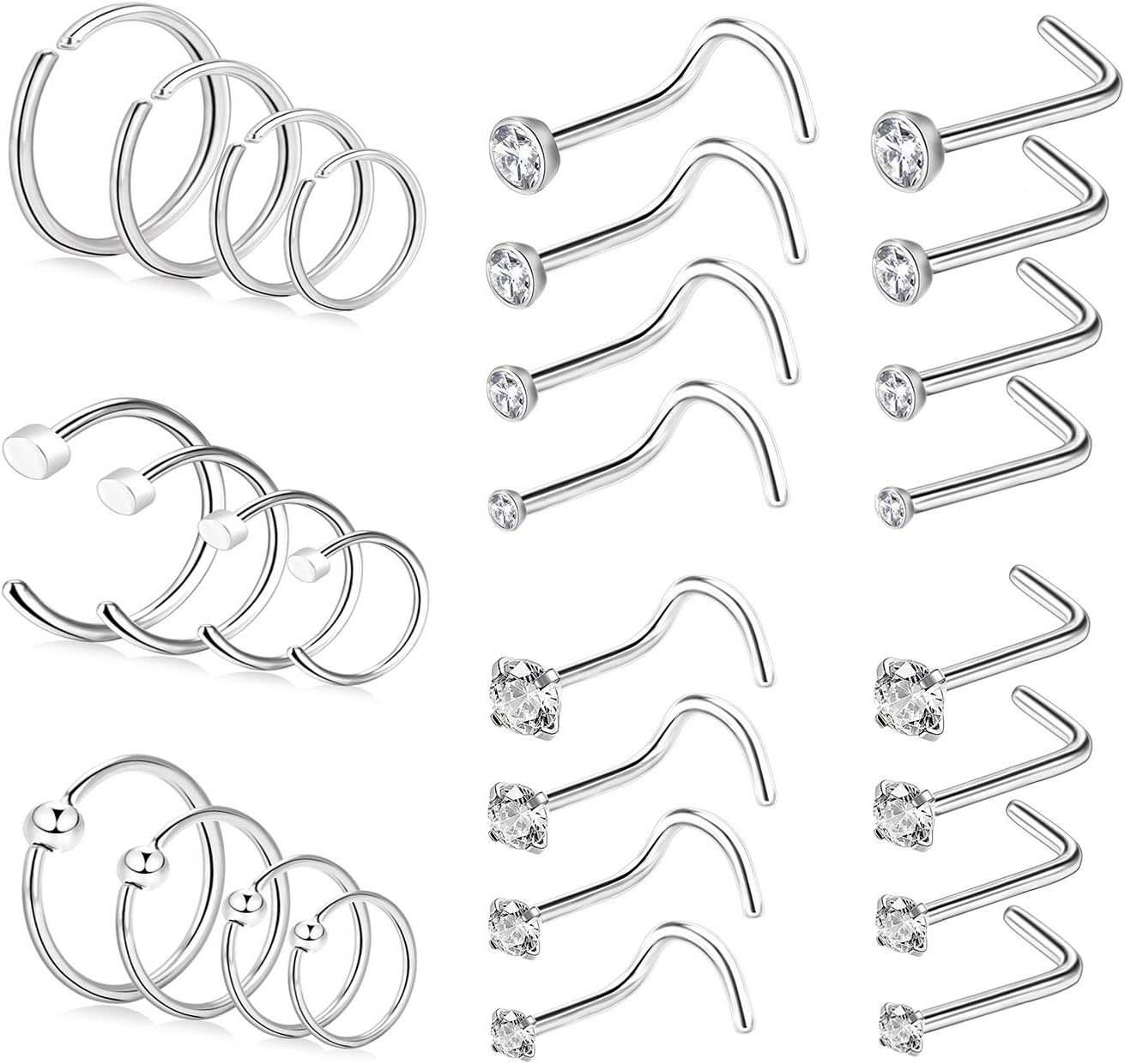 BODYA 28Pcs Nose Rings and Studs Surgical Steel 20 Gauge Nose Rings Set L Shaped Nose Studs Nose