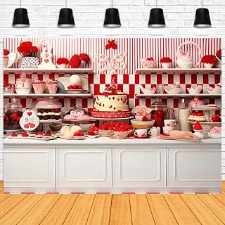 Valentine's Day Backdrop Valentine Kitchen Backdrops for Photography Sweet Shop Retro Wood Wall Cook Decor Background Pink Rose Girls Photo Background,7x5ft