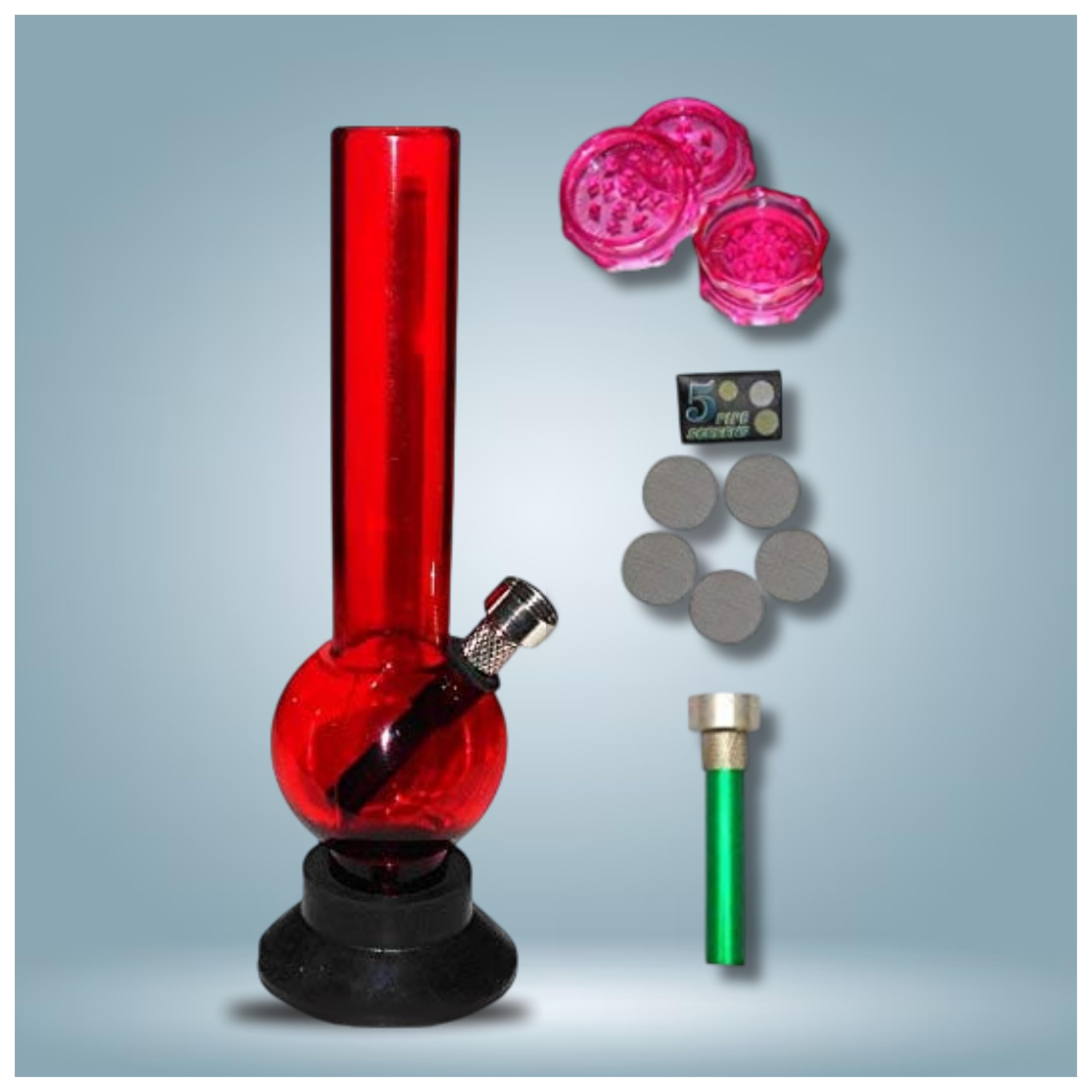 METIER® Bong 8 inch bongsmoke Acrylic(Plastic) Water Bongs Bottle Along With 1 Additional Shooters 5 Pcs of SS Screen & 1 Pcs of 2 Inch Herb Grinder Great Saving Combo Deal