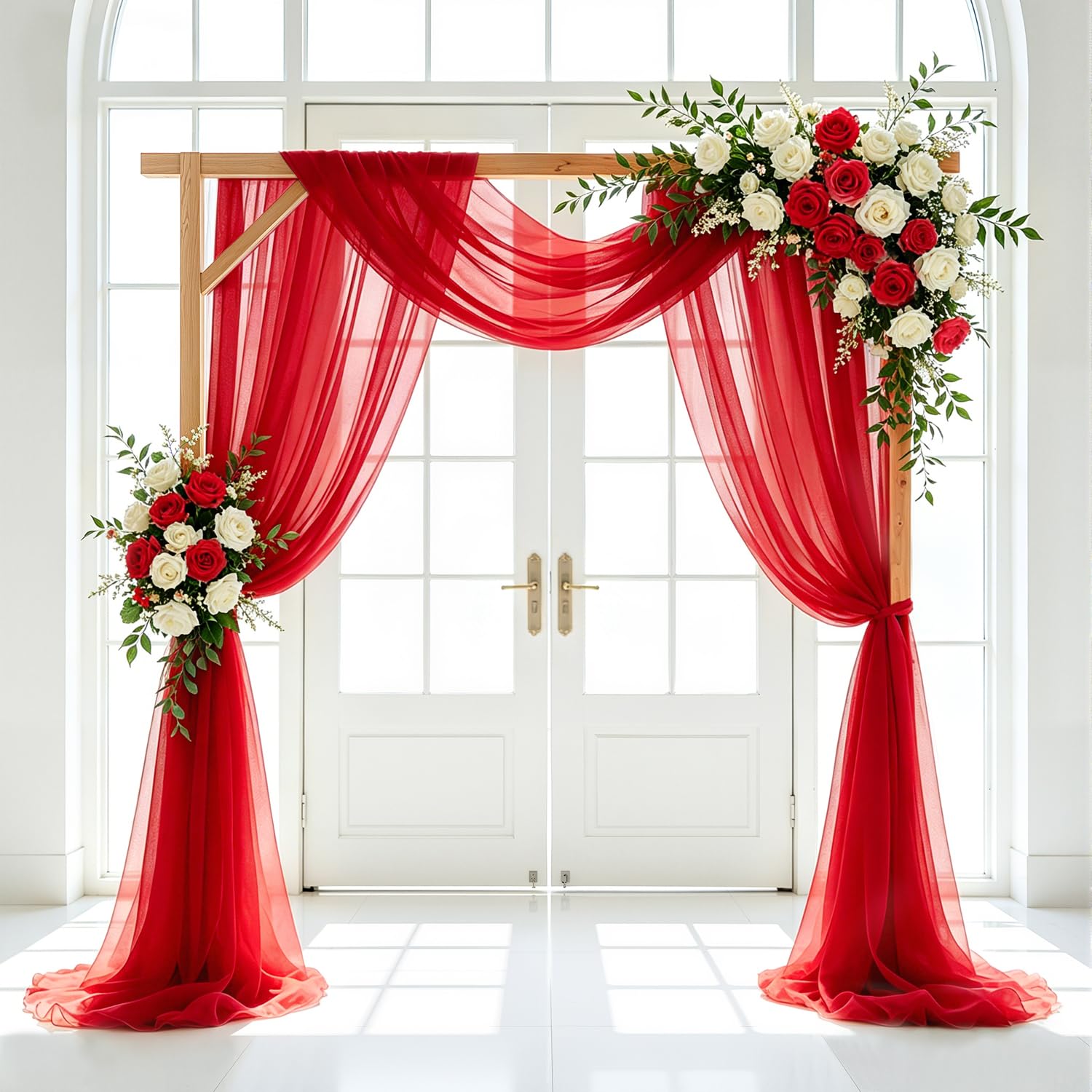 FUHSY Wedding Arch Draping Fabric Red 20FT 2 Panels Chiffon Fabric Drapery Sheer Curtains Wedding Backdrop Elegant Wedding Arch Drapes for Ceremony Ceiling Drape Party Background for Bridal Arbor Swag โ image 1
