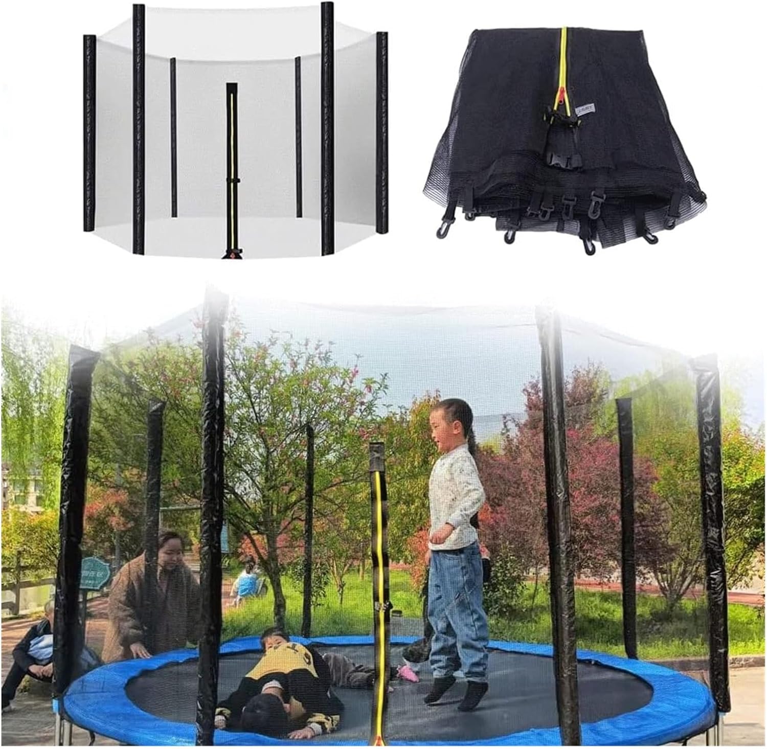Trampoline Safety Net 6/8/10/12FT Enclosure Surround Netting with Dual-Headed Zippers, Protection Buckles & Enhanced Hook, Fits for Round Frame Trampolines, Net Only