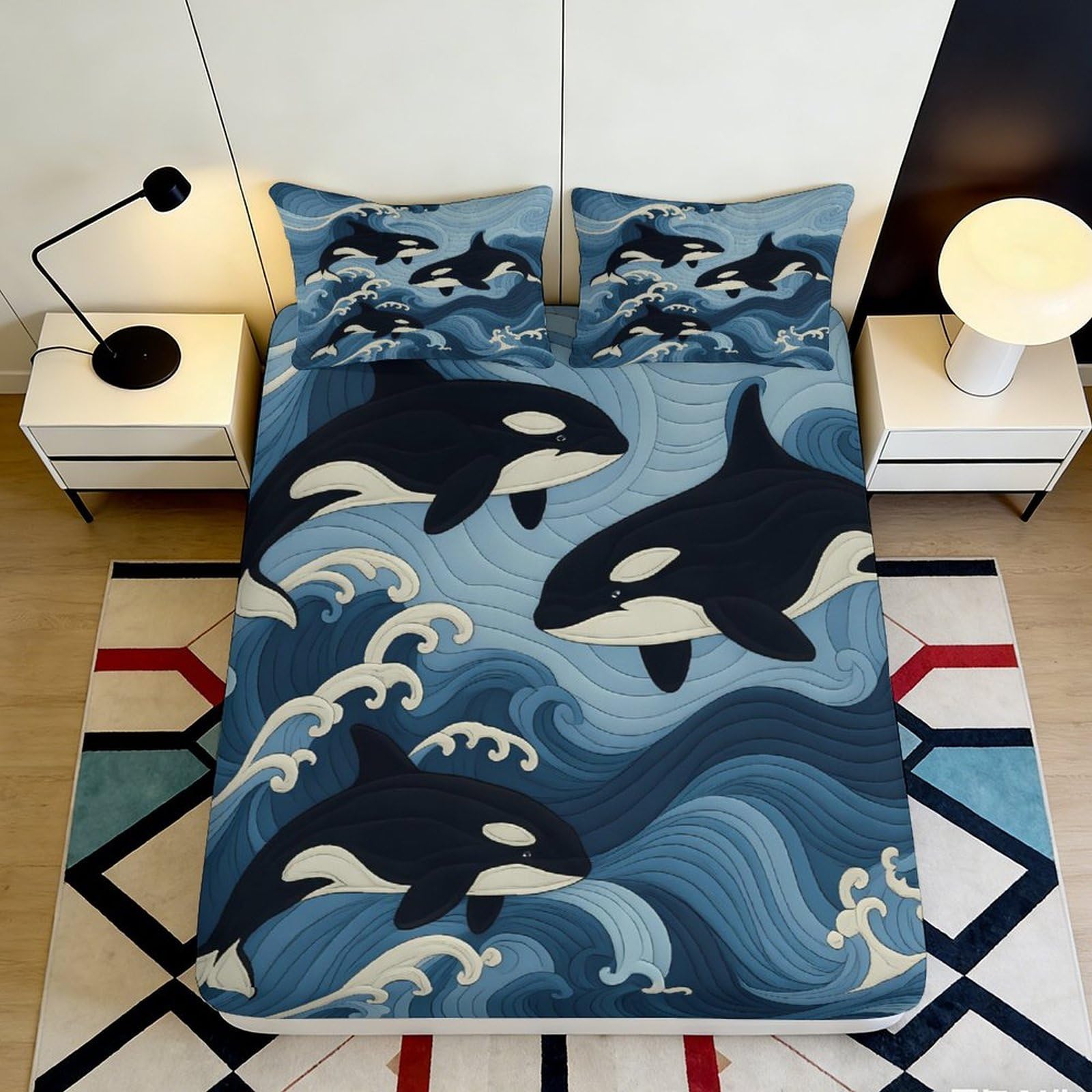 Jqzkxnhpbr Style-8 3D Printed Ocean Wave Fitted Sheet Microfiber Soft Breathable Orca Whale Bed Cover For Bedroom Guest Room Decor 90X200x25cm