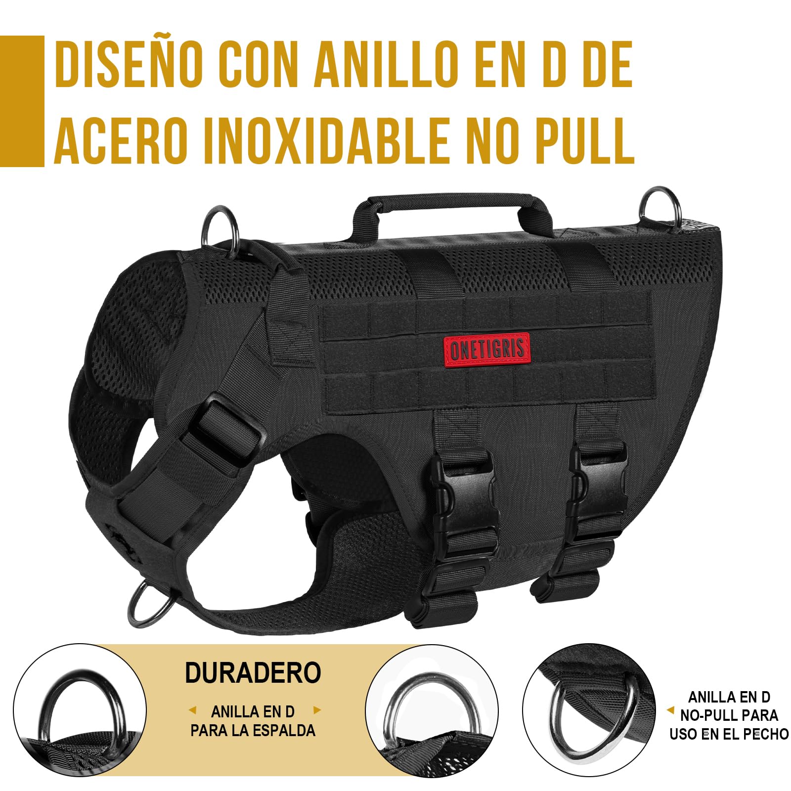 OneTigris Aire Mesh Arnés Táctico Sin Tirones para Perro Mediano, Diseño de Malla Transpirable Militar Molle Con Asas, Chaleco de Servicio para Caminar