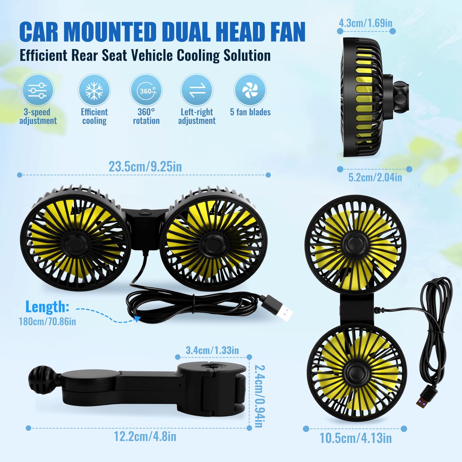 Ventilatore Auto USB a Doppia Testa per Sedile Posteriore, Ventilatore Portatile con 3 Velocità e Rotazione a 360°, Ventola di Raffreddamento Silenziosa Universale per Tutte le Auto