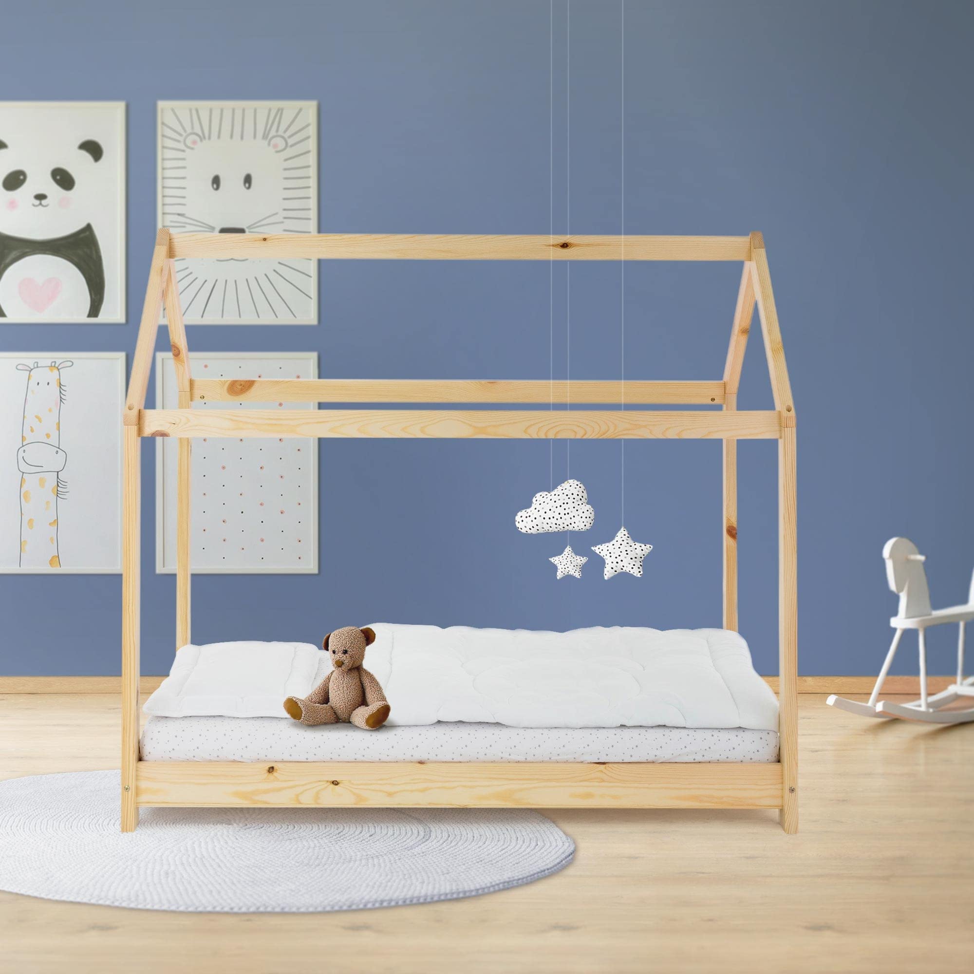 ML-Design Lózko Dzieciece 80x160 Cm Z Dachem I Stelazem Listwowym, Naturalne, Lózko Domek Dla Dziewczynek I Chlopców, Domek Dla Dzieci Z Litego Drewna Sosnowego, Stabilne Lózko Mlodziezowe Dzieciece