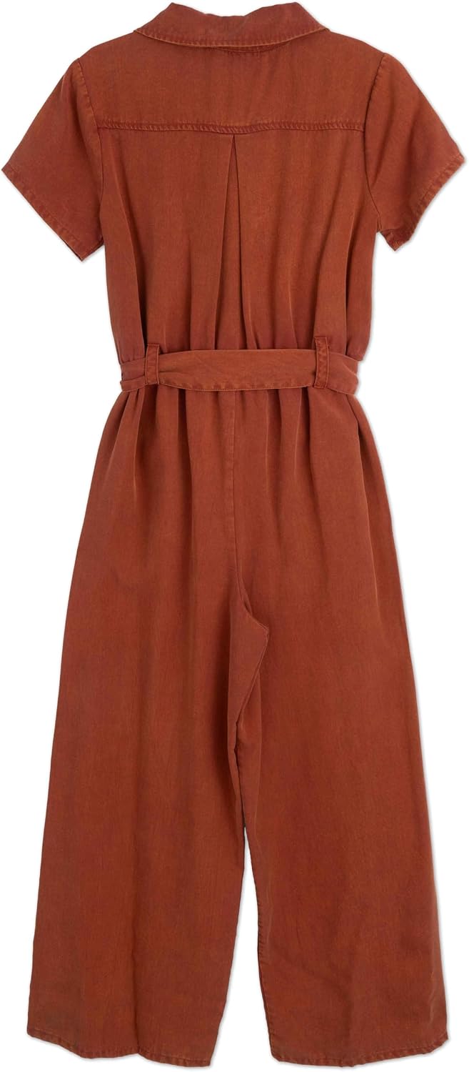 Speechless Girls' Short Sleeve Mineral Wash Adventure Jumpsuit with Pockets and Sash Belt