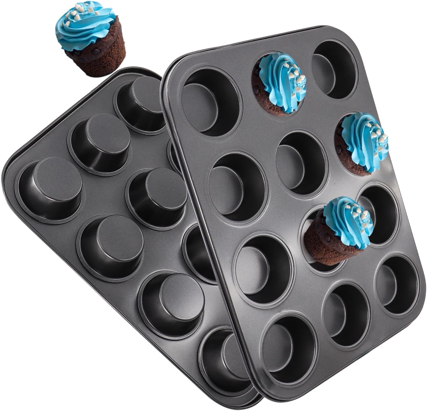 2 Packs Square Muffin Baking Pan, Premium Steel Muffin Pan for Baking, Nonstick Cupcake Tin Cheesecake Pans, Bakeware Muffin Top Pan (12 Cups, Black Grey)